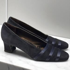 Amalfi Leather Suede Pumps Size 7.5 Shoes Block Heel Midnight Blue Italian Glam